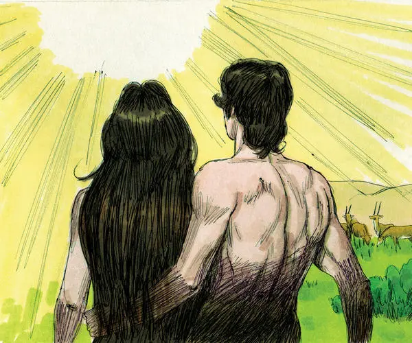 Adam and Eve, the first humans, in God's presence (represented by the light)