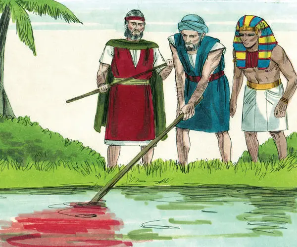 Moses (with Aaron) turning the water to blood