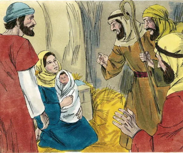 Shepherds visitng Joseph, Mary and their baby, Jesus