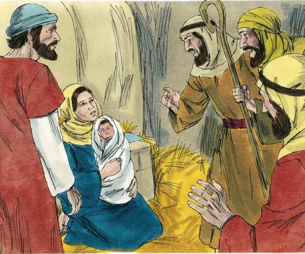 Shepherds visitng Joseph, Mary and their baby, Jesus