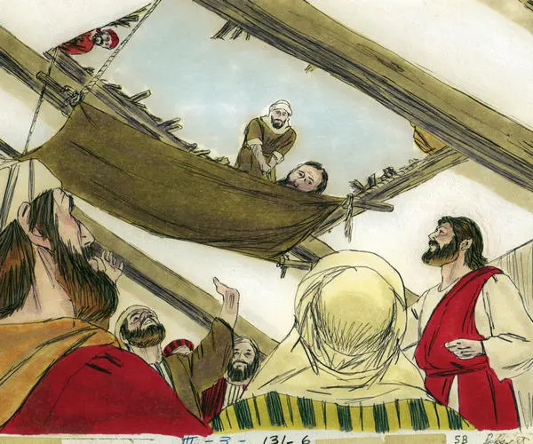 Friends lowering a paralyzed man before Jesus